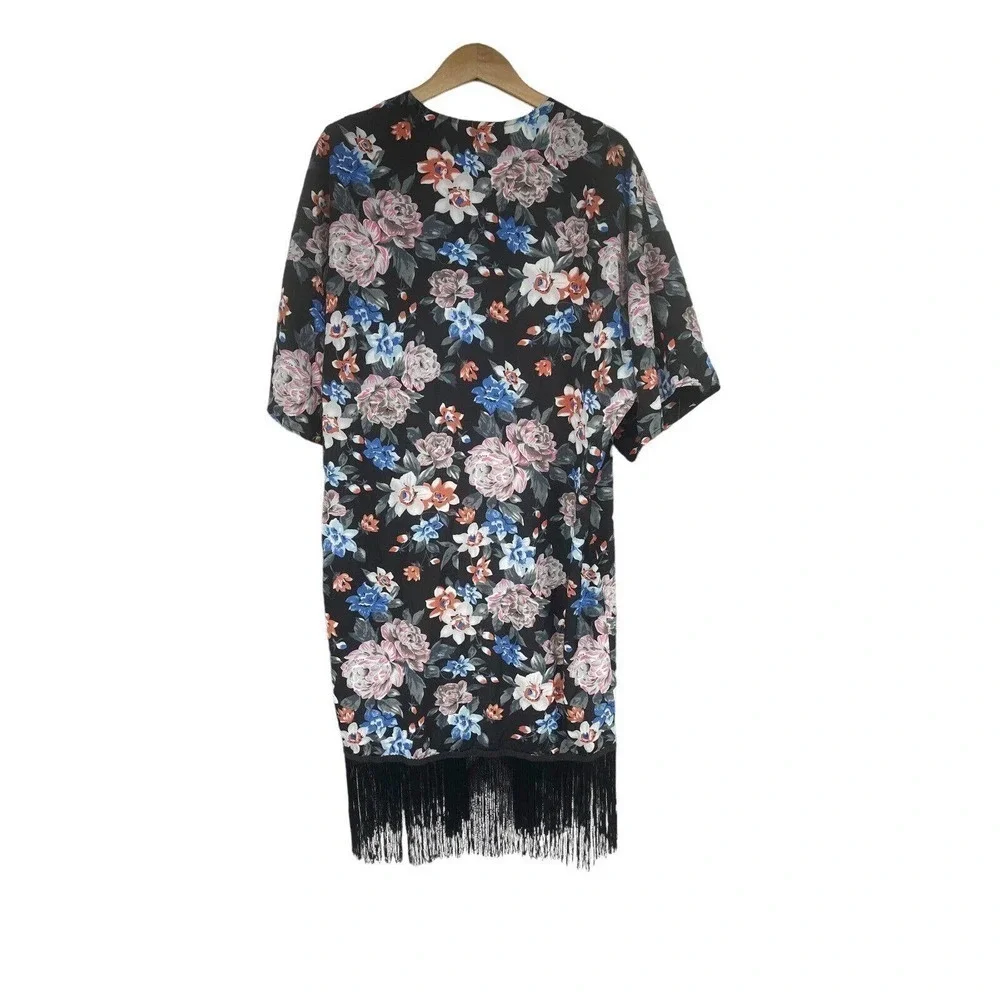 Carmen Marc Valvo Black Floral Loose Tassels Kimono Open Cover Shirt Medium - Picture 3 of 4